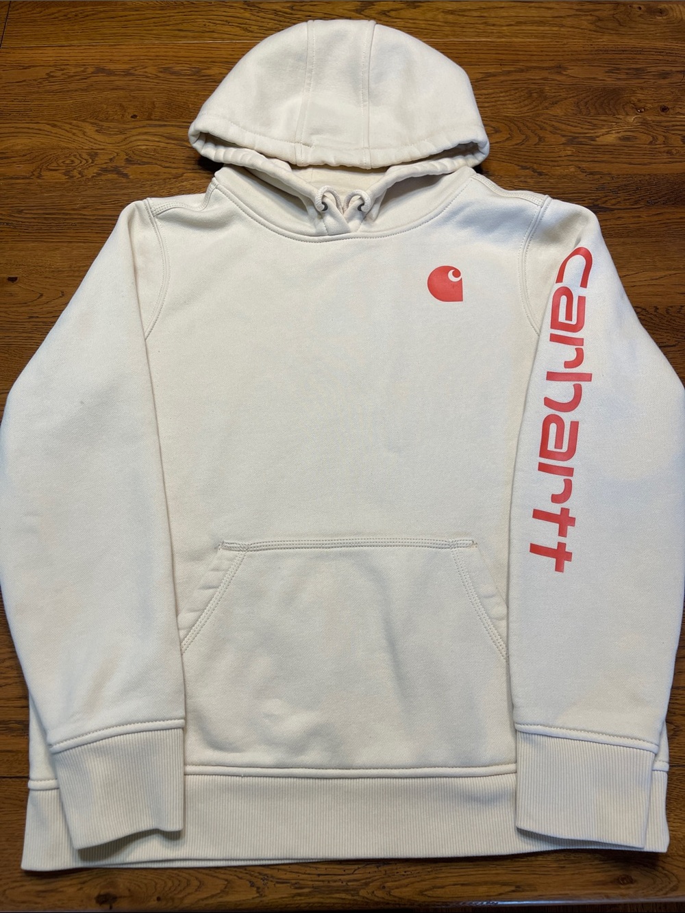 Carhartt Cream Crewneck Hoodie with Coral Logo and Sleeve Text